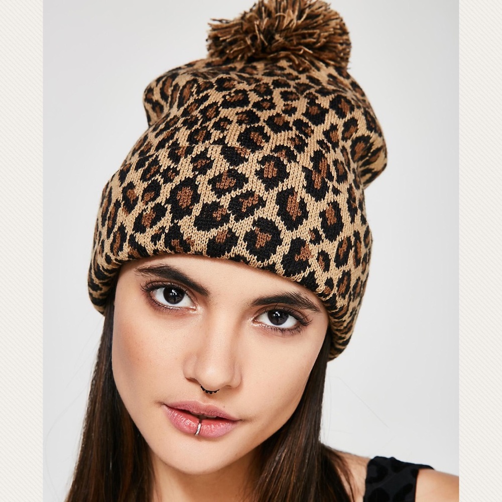 Leopard Print Knit Beanie with Pom Pom